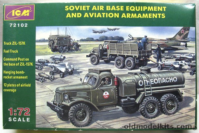 ICM 1/72 Soviet Air Base Equipment and Aviation Armaments - Fuel Truck / GP Truck / Communications Truck / Bomb Rack / Air to Ground and Air to Air Missiles and Rockets and 12 Dispersal Plates, 72102 plastic model kit